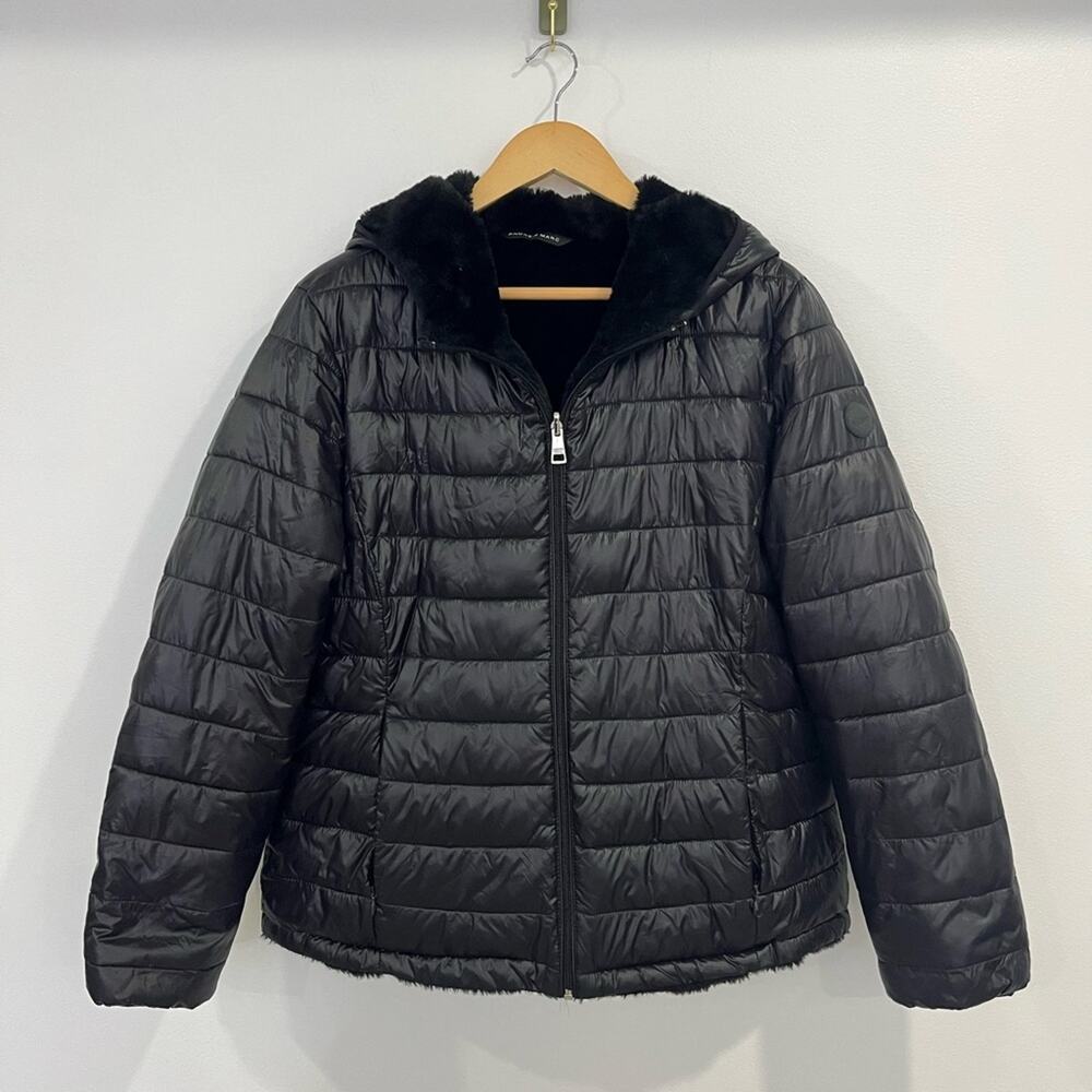 Andrew Marc Women's Reversible Black Puffer Jacket Faux Fur Lining